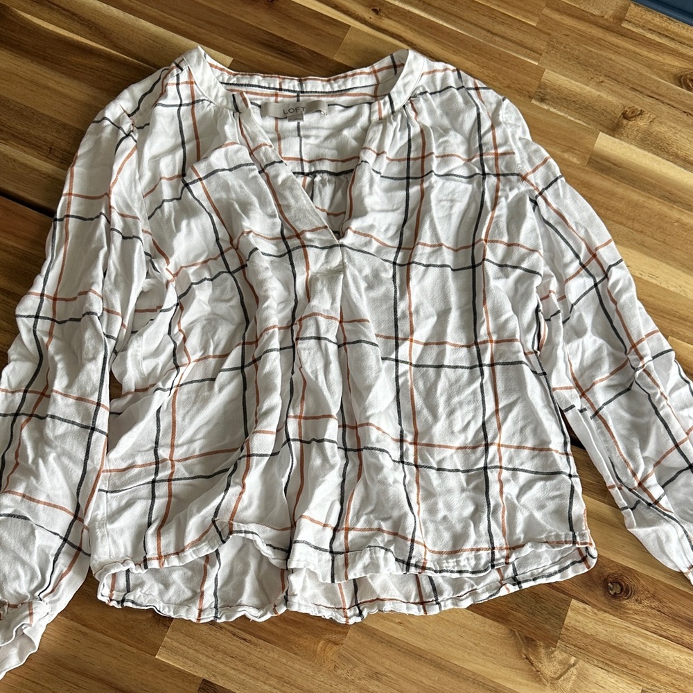 LOFT Ivory and Charcoal Checkered V-Neck Top